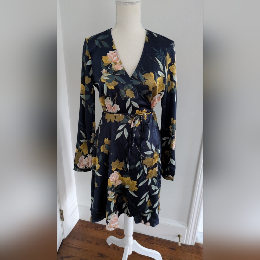 Lulu's Love is Life Navy Blue Floral Print Satin Wrap Dress, NWT